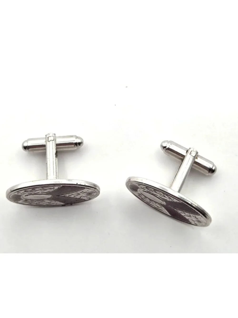 Vintage Silver-Tone Oval Cufflinks With Etched Art Deco Design
